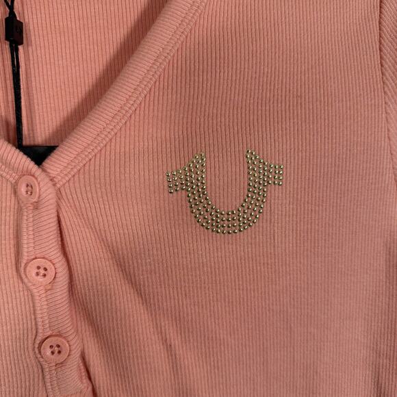 True Religion Studded Horseshoe V Neck Short Sleeve Button Henley Large NWT Rib - Picture 4 of 9